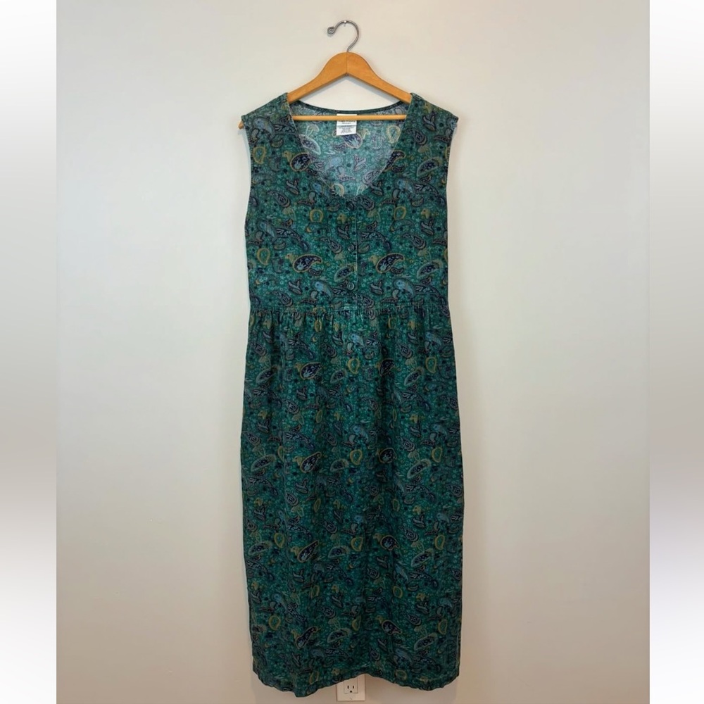 Vintage Bobbie Brooks cotton green and blue paisley sleeveless dress